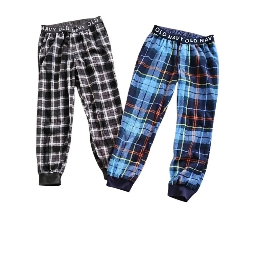 Old Navy Boys Fleece Pajama Set Plaid Sleepwear 3-Piece Navy Blue Size M 8